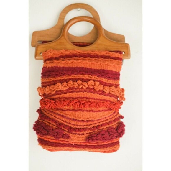 Vintage 70s Textured Knit Macrame Colourful Wood Handle  Tote - Picture 2 of 7